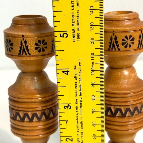 Vintage Ukranian Wood Folk Art Hand-Turned Candle Stick Holders 2 - Picture 5 of 6